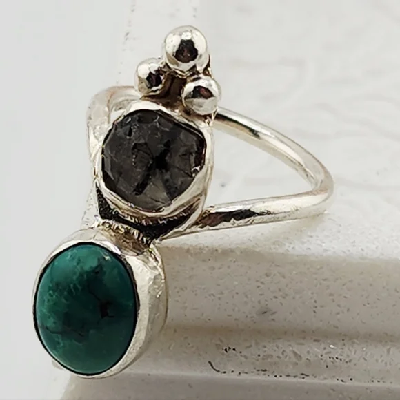 TURQUOISE & RUTILATED QUARTZ HANDMADE RING IN STERLING SILVER METAL SIZE 7 - Picture 9 of 10